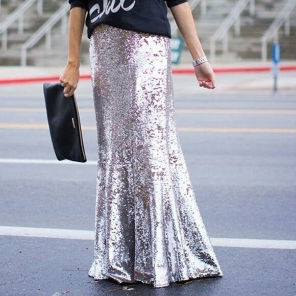 Dresses & Skirts - XXL Silver Shiny Stretch Sequin Maxi Skirt - Perfect For Weddings & Bridesmaids